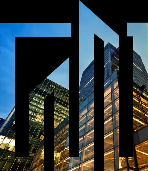 Night-time commercial skyline seen through a structured architectural frame