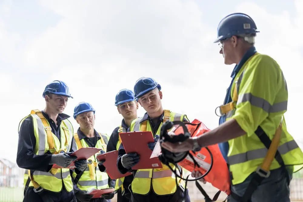 Construction team on site reviewing project delivery