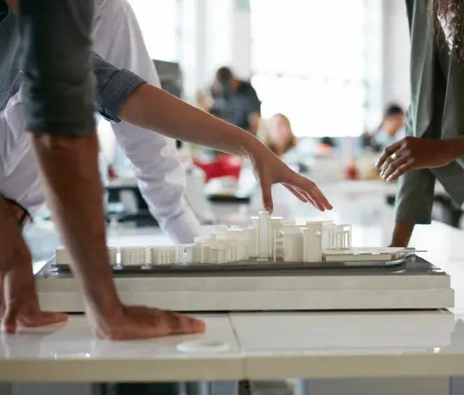 Project team collaborating around an architectural model