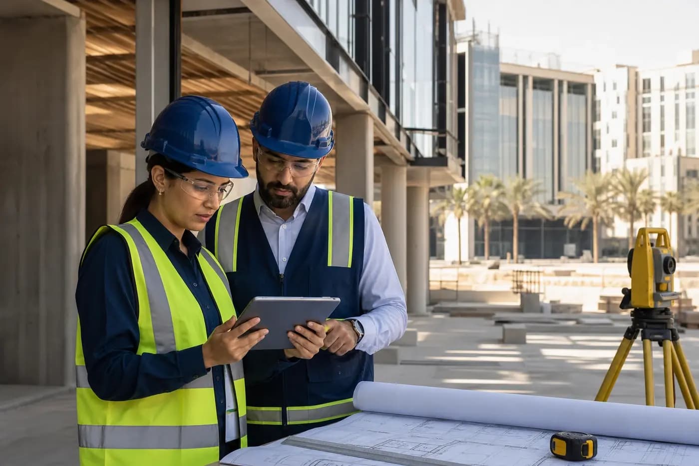 Quality engineer and site manager reviewing an inspection checklist on a commercial construction site