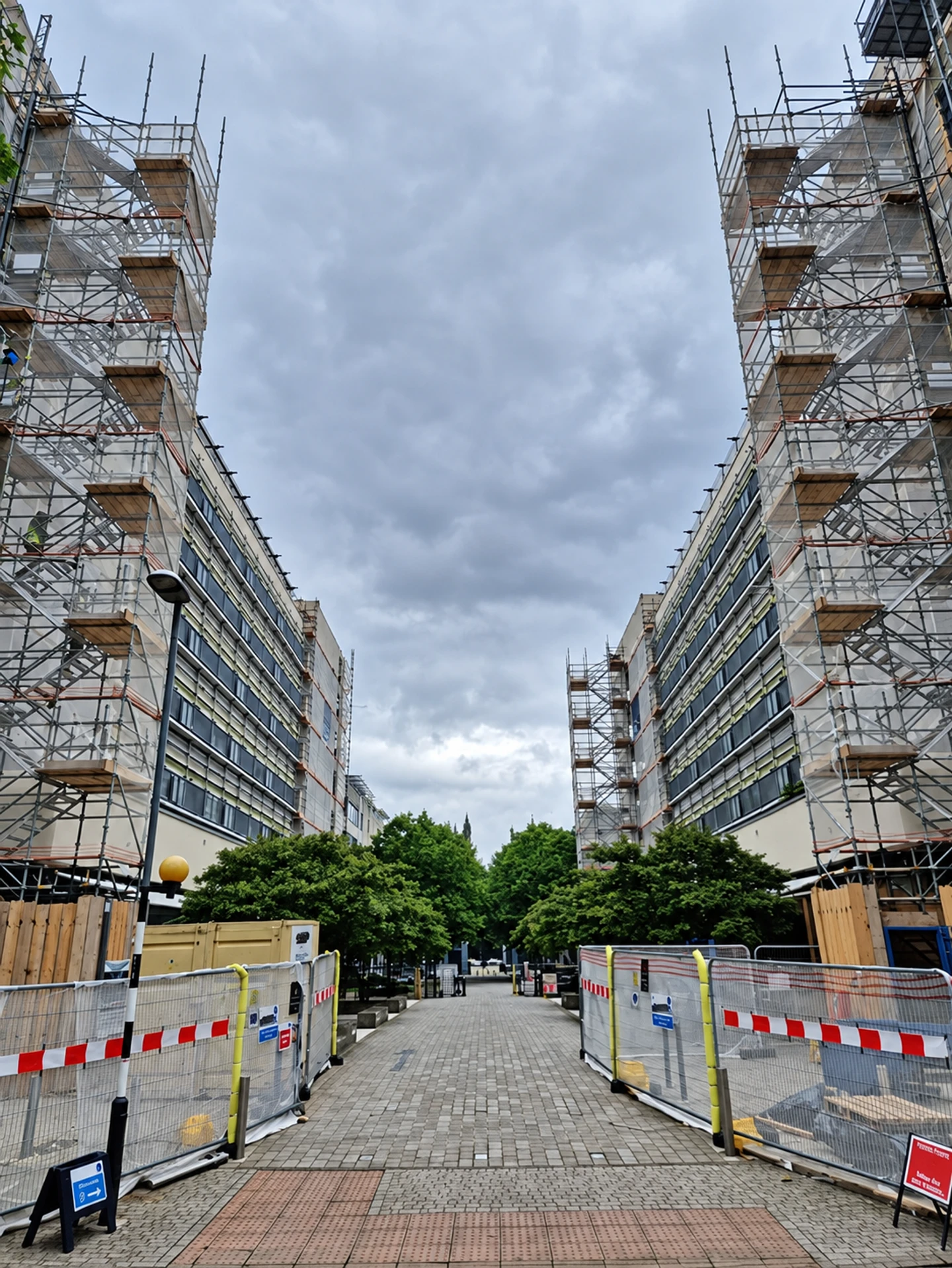 Scaffolded residential buildings undergoing cladding remediation